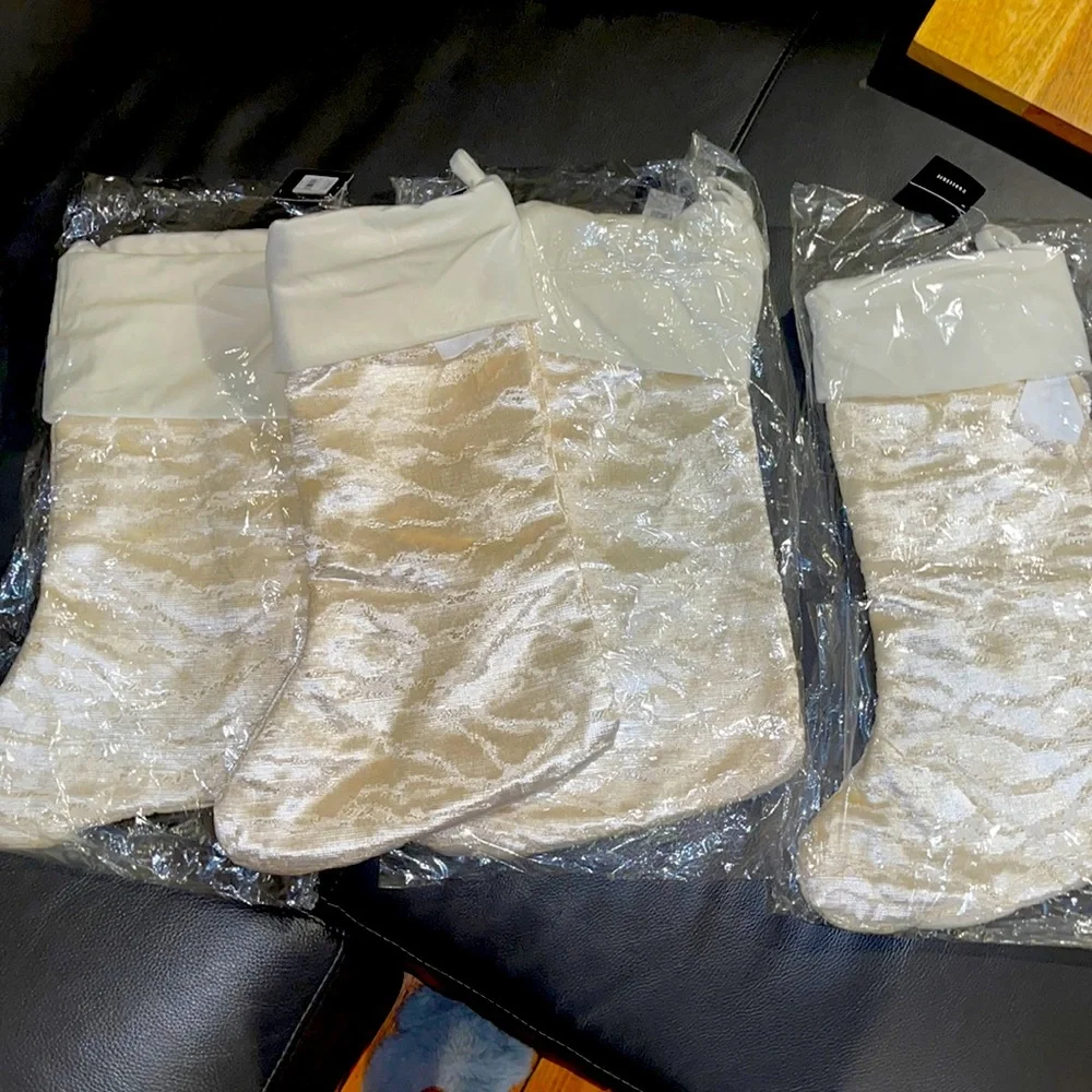 Z GALLERIE IVORY CHENILLE VELVET CHRISTMAS STOCKINGS SET OF 4